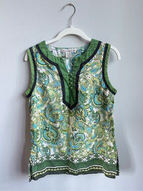 Bohemian 100% Linen david brooks Green and Aqua Paisley Sleeveless Tank Top